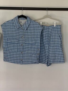 Zara Blue Houndstooth Tweed Set Sleeveless Vest + Shorts Silver Buttons S